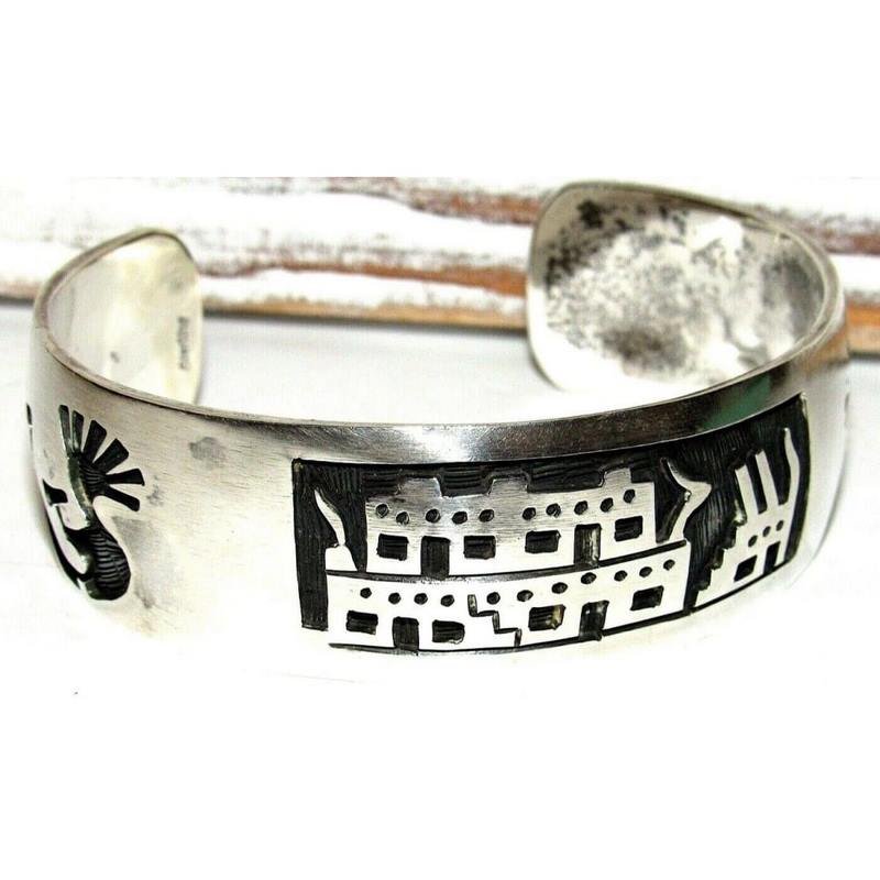 VTG Navajo Sterling Bracelet Hand Etched Pueblo & Kokopelli Design 55Gr 7" Wrist (1 of 1)