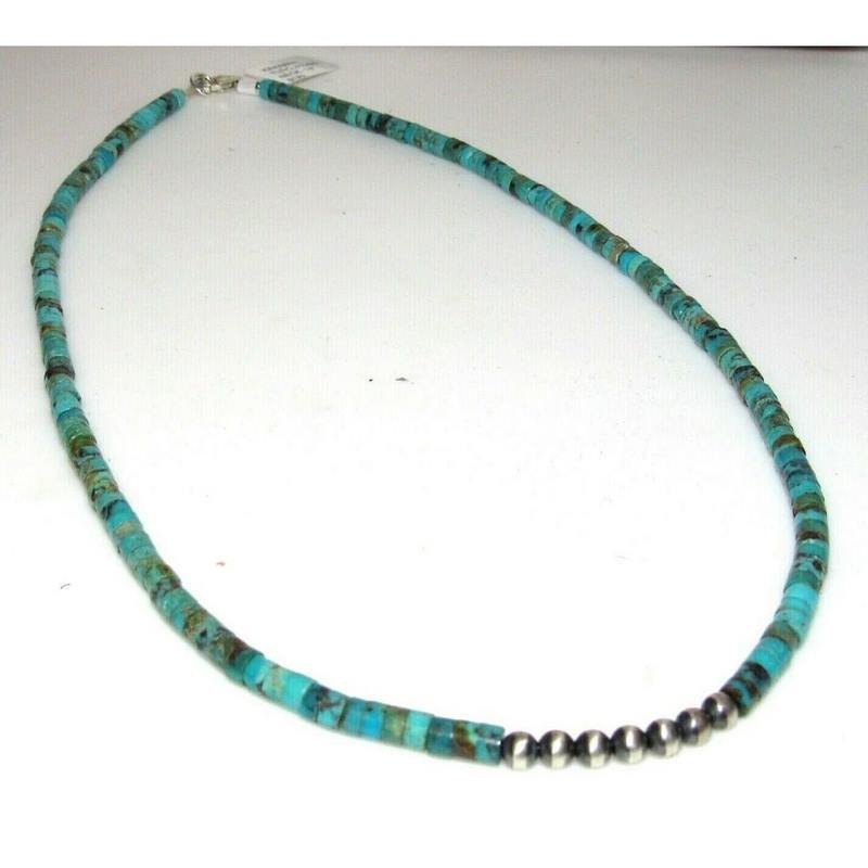 Navajo Rolled Turquoise & Sterling Beads Heishi Choker Necklace Native American: Stunning Navajo Kingman turquoise small rolled beads and sterling silver beads choker necklace with sterling silver clasp. Measures about 18" long. Gorgeous, elegant piece that is sure to complement a