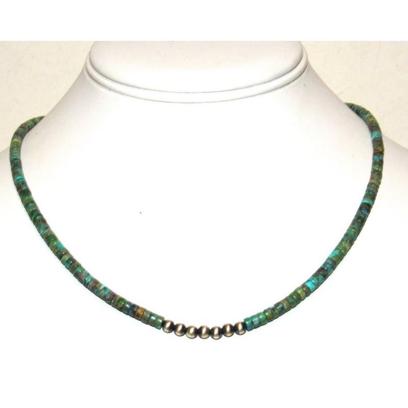 Navajo Rolled Turquoise & Sterling Beads Heishi Choker Necklace Native American: Stunning Navajo Kingman turquoise small rolled beads and sterling silver beads choker necklace with sterling silver clasp. Measures about 18" long. Gorgeous, elegant piece that is sure to complement a