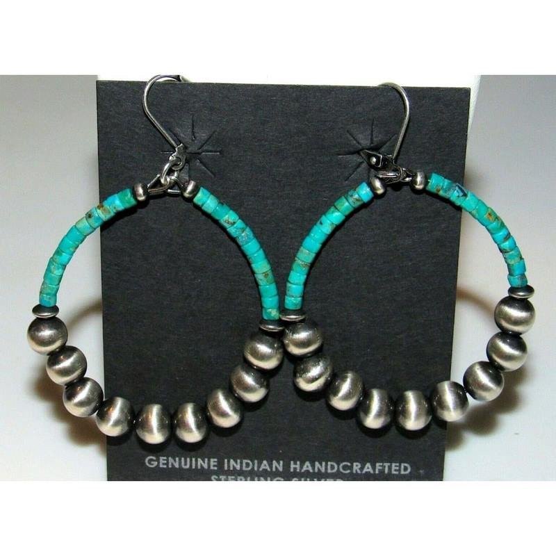 Navajo Rolled Kingman Turquoise & Sterling Navajo Pearls Beads Hoop Earrings: Stunning Navajo Kingman turquoise small rolled beads and sterling silver Navajo pearl beads with satin finish statement hoop earrings by a Navajo artist. The earrings are lever back type and measure a