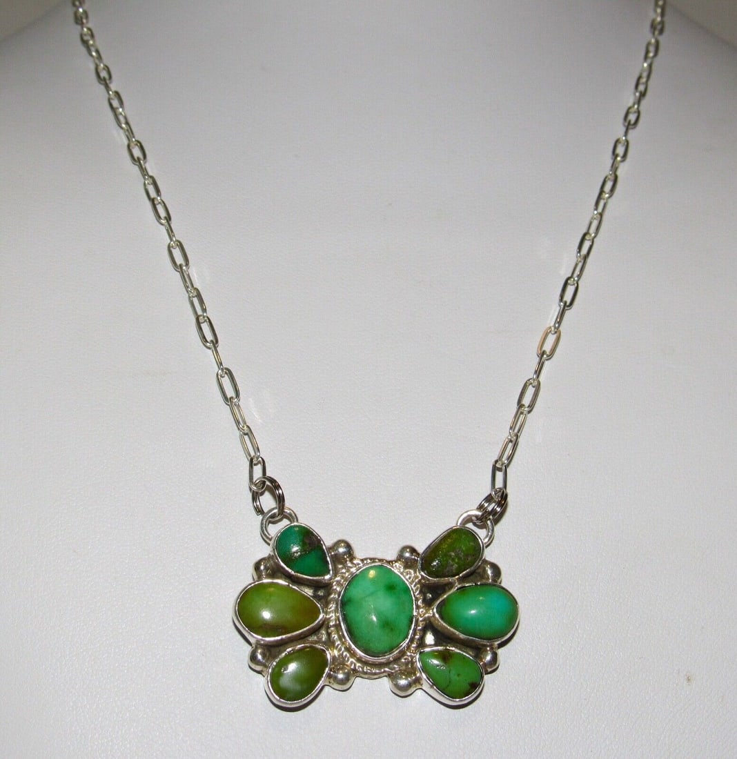 Navajo Sonoran Gold Turquoise Cluster Bar Pendant Necklace Sterling M James (1 of 5)