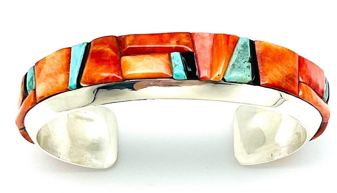 Navajo Cobblestone Inlay Cuff Bracelet Spiny Oyster Turquoise R. Brown 7"  Wrist (1 of 5)