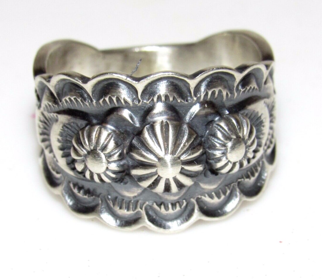 Navajo Band Ring Size 8 Sterling Silver Repousse Band Signed Bennie Ramone (1 of 6)