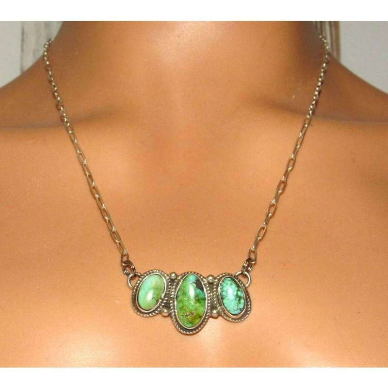 Navajo Sonoran Gold Turquoise Cluster Bar Necklace Sterling Silver M James (1 of 8)