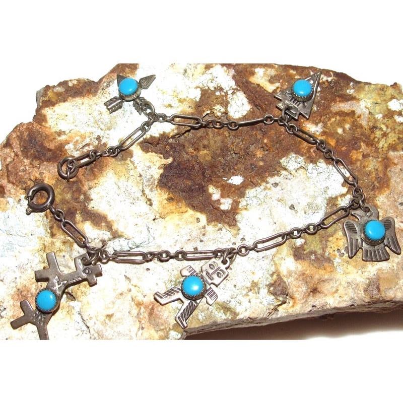 VTG Turquoise Native American Fred Harvey Era Sterling Silver Charm Bracelet (1 of 3)