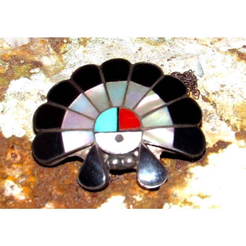 Vintage Zuni Inlay Sun Face Pin Pendant Brooch Necklace Sterling Silver (1 of 7)