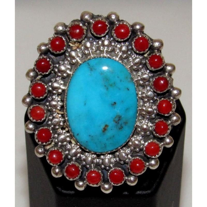 Navajo Turquoise Coral Cluster Ring Size 10.5 Sterling Silver Signed Native (1 of 5)