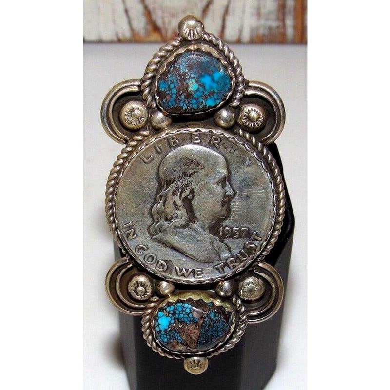Massive Navajo Number 8 Turquoise Liberty Coin Ring Sz 8 Adjustable Adam Fierro (1 of 6)
