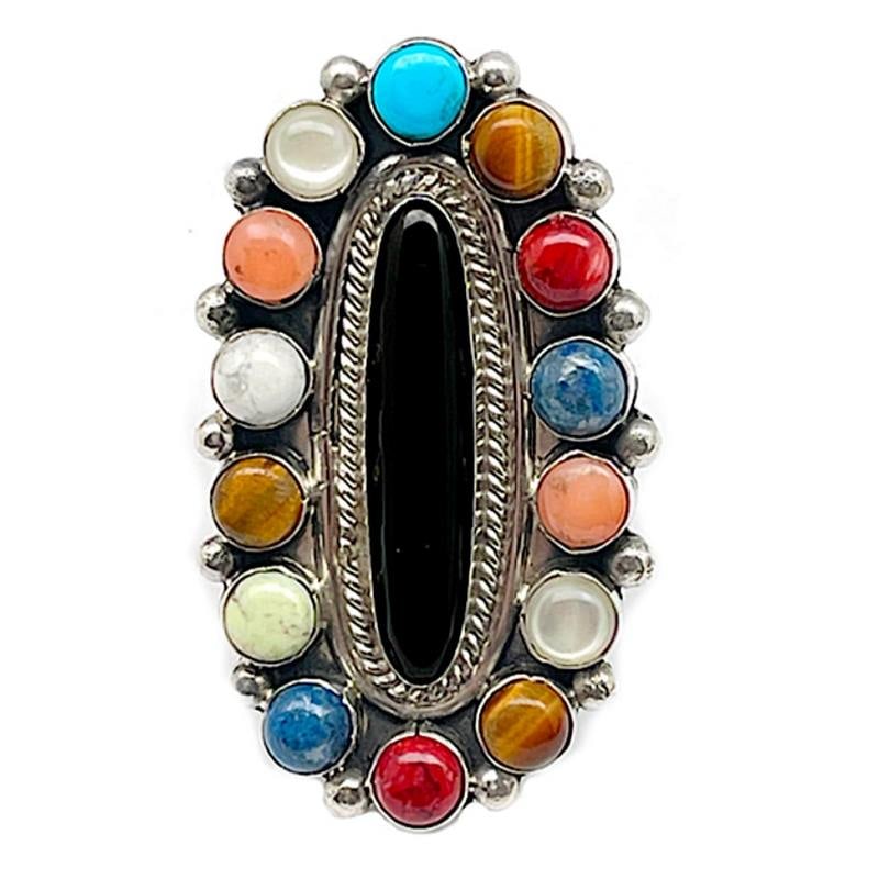 Navajo Onyx Cluster Ring Sz 8 Turquoise Lapos Coral Sterling Silver P. Yazzie (1 of 4)