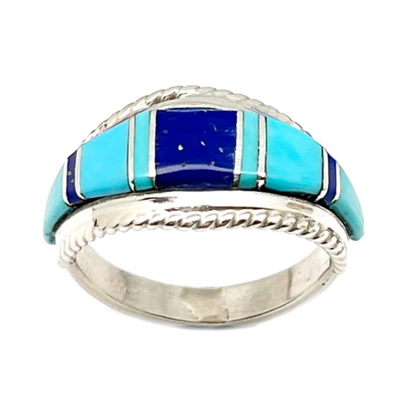 Zuni Turquoise Lapis Inlay Ring Sz 7 Sterling Silver D. Luna Native American (1 of 4)