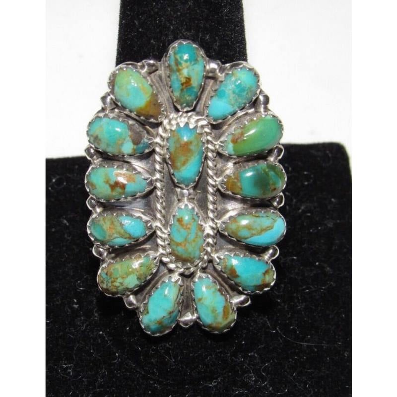 Navajo Green Turquoise Cluster Ring Sz 9.5 Sterling Silver Native Signed (1 of 3)