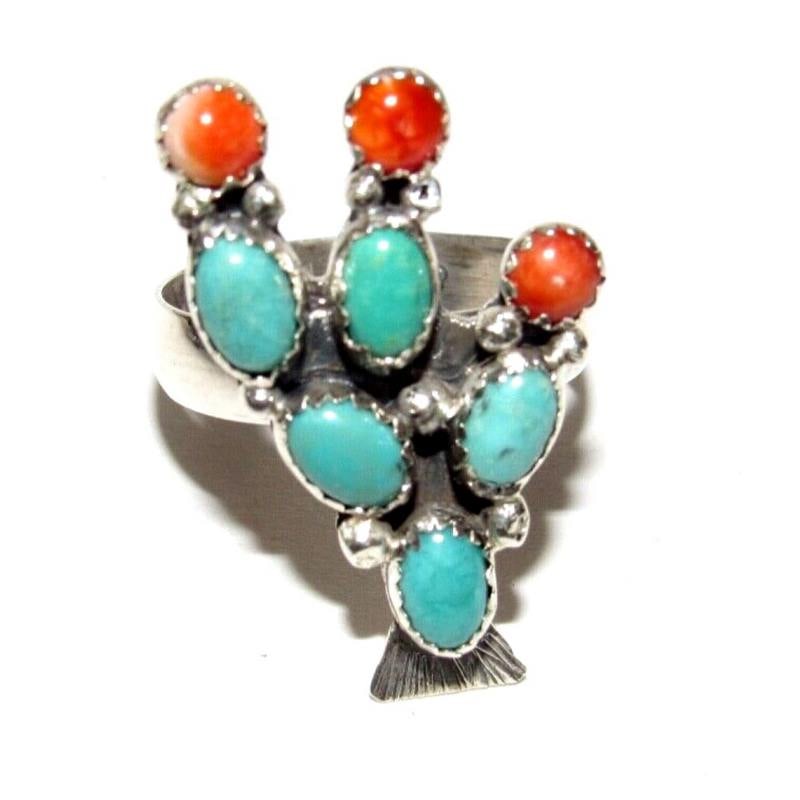 Navajo Prickly Pear Cactus Ring Sz 8 Sterling Silver Turquoise Orange Spiny (1 of 4)