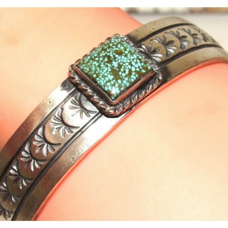Navajo Number 8 Turquoise Stacker Cuff Sterling Hand Etched Bracelet Signed (1 of 5)