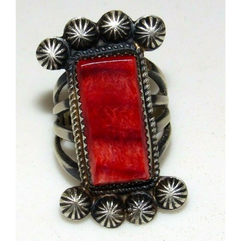 Navajo Red Spiny Ring Size 8 Sterling Silver Native American Signed (1 of 5)