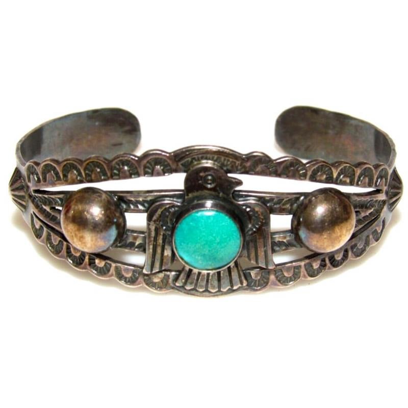 Fred Harvey Era Thunderbird Bracelet Navajo Sterling Turquoise Cuff Old Pawn (1 of 6)