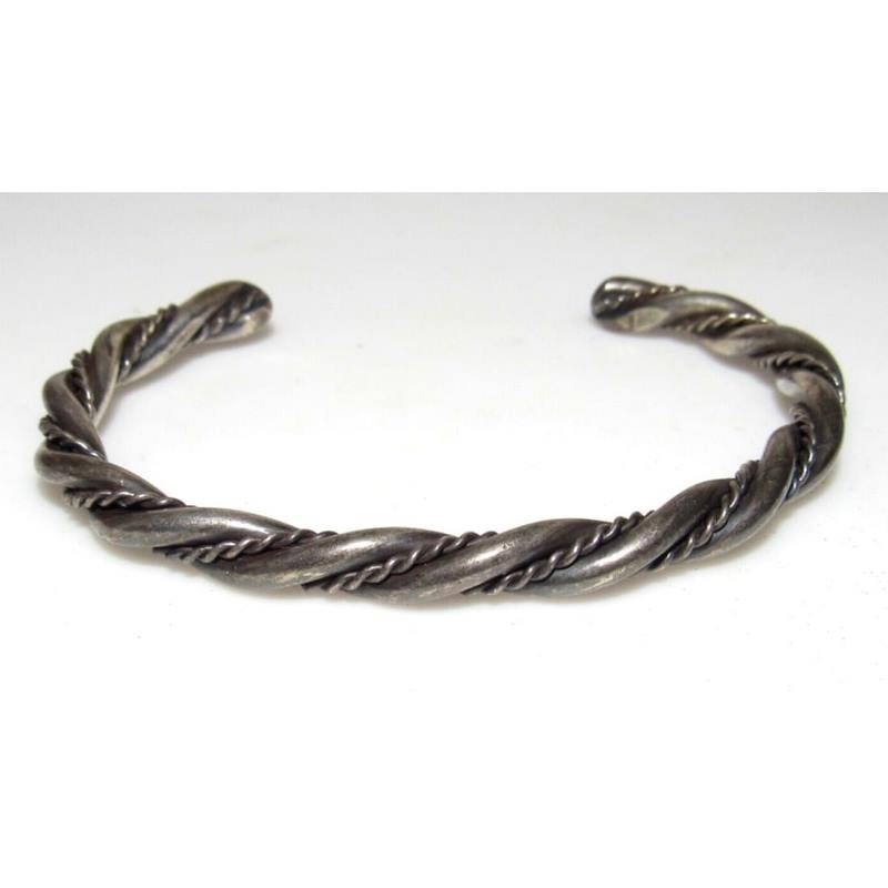 Vintage Navajo Sterling Silver Cuff Bracelet Twisted Rope Design Cuff (1 of 4)