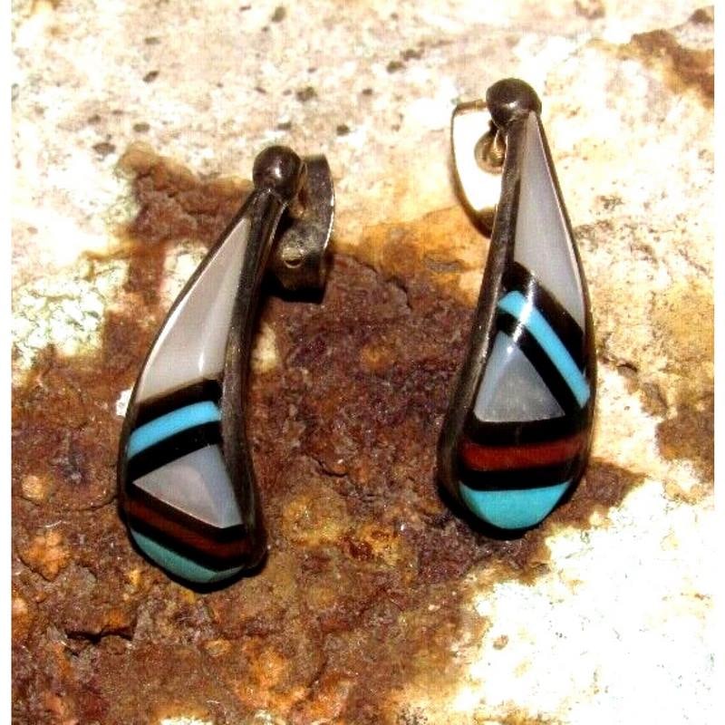 Vintage Zuni Inlay Half Hoop Post Earrings Turquoise Coral MOP Sterling Silver (1 of 6)