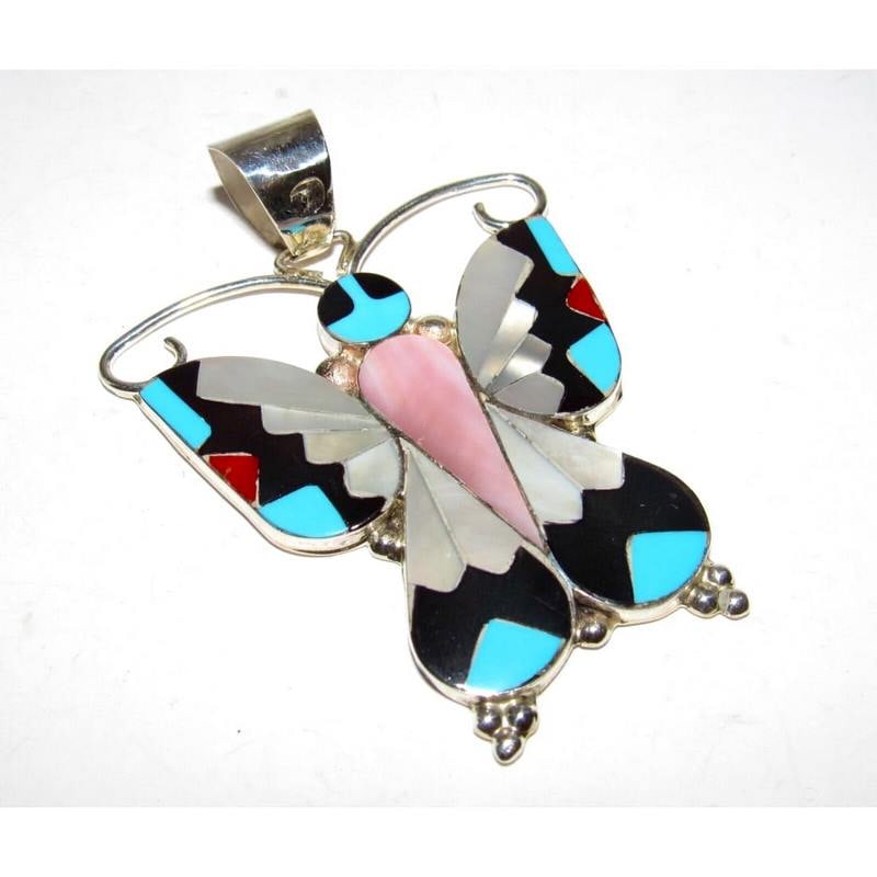 Massive Zuni Inlay Butterfly Pendant Sterling Silver Alison Dishta (1 of 3)