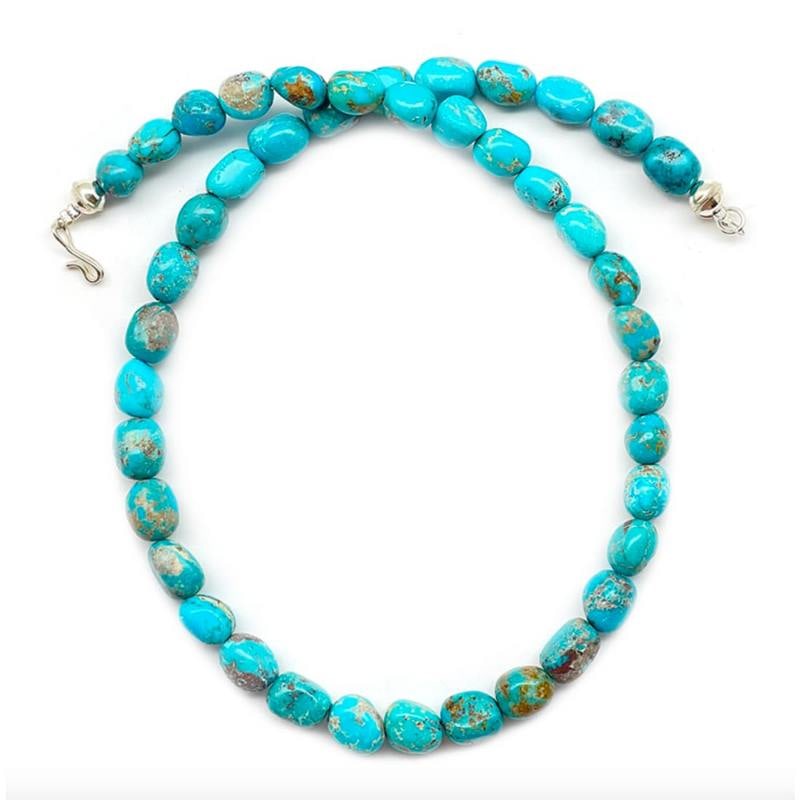 Navajo Kingman Turquoise Nugget Heishi Necklace Sterling Silver S. Dooline: This stunning smooth polished free from Kingman turquoise necklace with 6mm saucer sterling silver beads. It measures 18" long with sterling silver hook and eye by 3/8" wide at widest nugget. It is Na