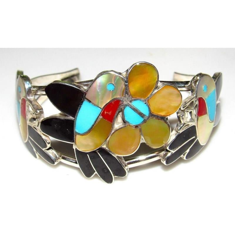 Massive Zuni Inlay Hummingbird Cuff Bracelet Sterling Silver Jet Turquoise Shell (1 of 4)