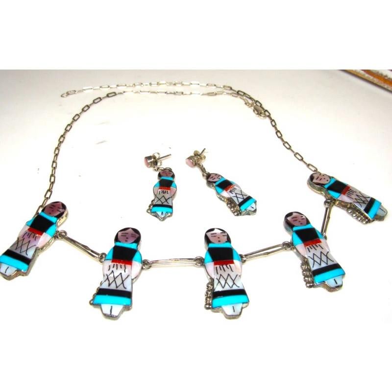 VTG Zuni Maiden Necklace Earrings Set Coral Turquoise Jet Sterling Joyce Waseta (1 of 5)