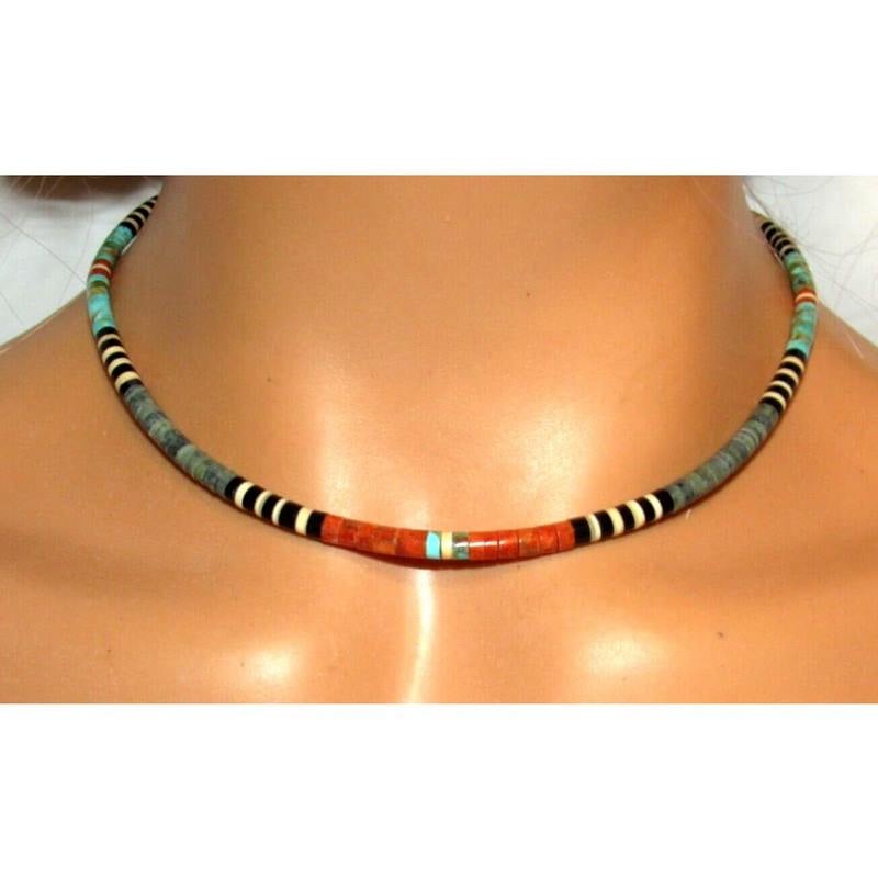 Santo Domingo Rolled Shell Orange Spiny & Turquoise Heishi Choker Necklace 16"L: Stunning Santo Domingo pen shell, orange spiny & Kingman turquoise rolled heishi beads choker necklace with sterling silver clasp by the Santo Domingo artist J. Tenorio. Measures about 16" long. Gorge