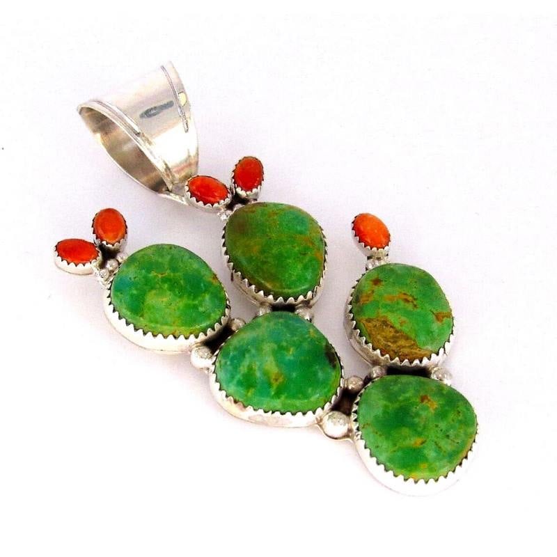 Navajo Prickly Pear Cactus Pendant Sterling Silver Turquoise Orange Spiny Oyster (1 of 4)