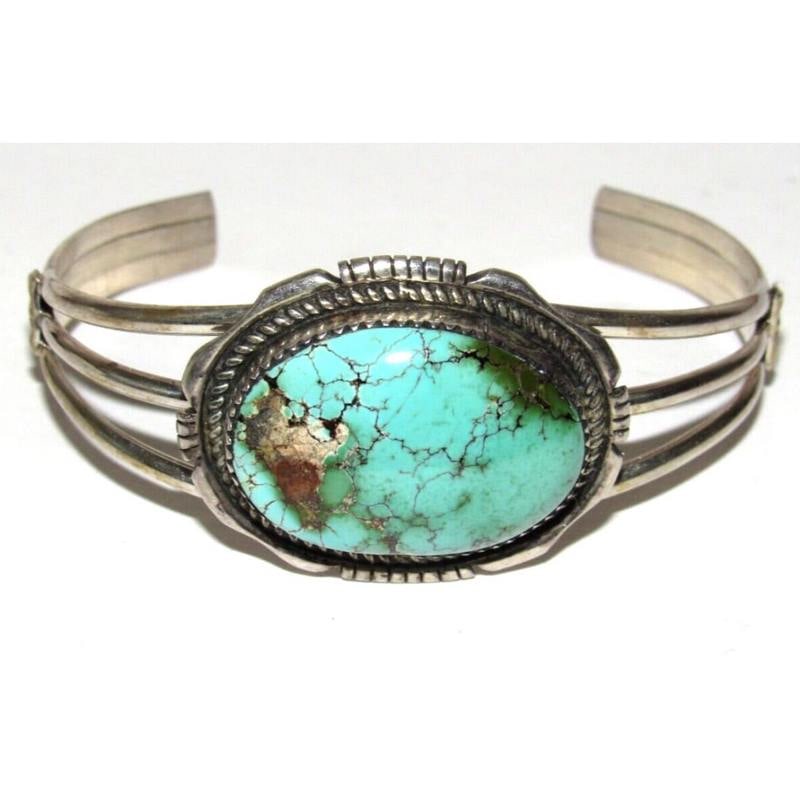 Navajo Sonoran Gold Turquoise Cuff Bracelet Sterling Silver E. Johnson (1 of 8)