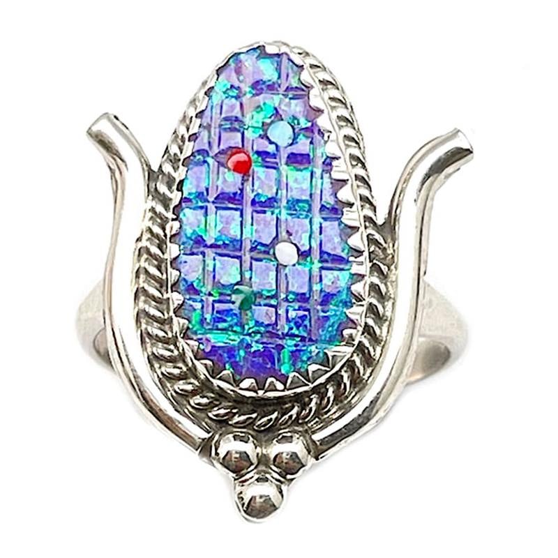 Zuni Opal Corn Maize Ring - Sterling -T. Bowekaty - Size 7.5 (1 of 4)