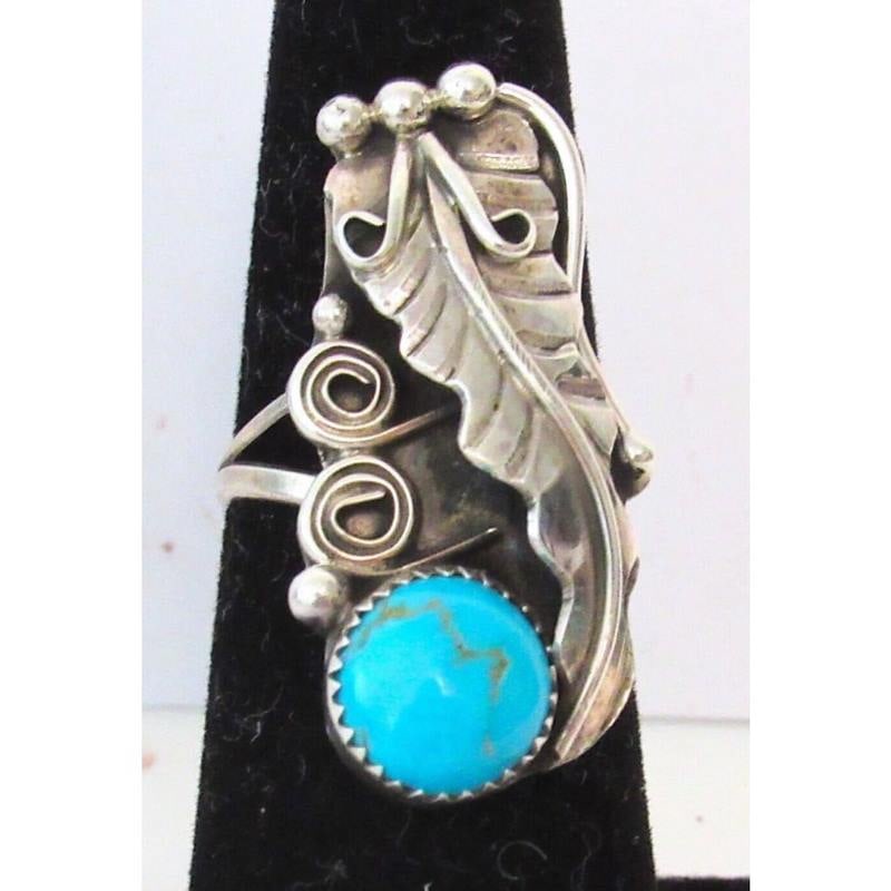 Navajo Turquoise Ring Size 6 Sterling Silver Squash Blossom Design Signed (1 of 5)