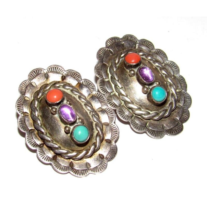 VTG Navajo Concho Earrings with Turquoise, Coral, Amethyst Sterling Silver (1 of 6)