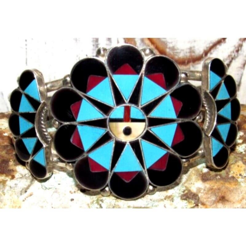 Native American Zuni Sterling Silver Multi Stone Sun Face Inlay Bracelet Gasper (1 of 7)