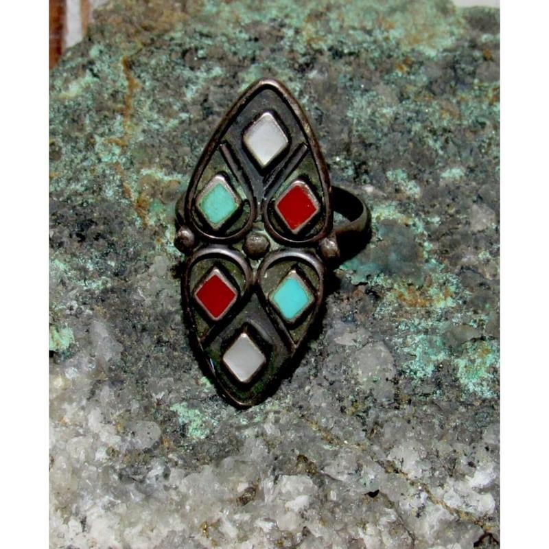 Old Pawn Zuni Turquoise Coral Ring Size 7 Sterling Silver Native American (1 of 3)