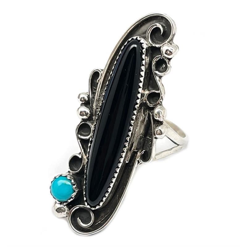 Navajo Ring Onyx Turquoise Sterling Silver Sz 8 Native American S. Yazzie Women (1 of 3)