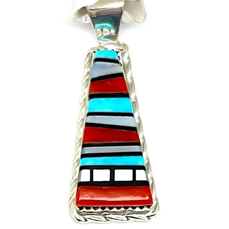 Zuni Turquoise Coral Stone Inlay Pendant Sterling Silver Victor Martza (1 of 3)