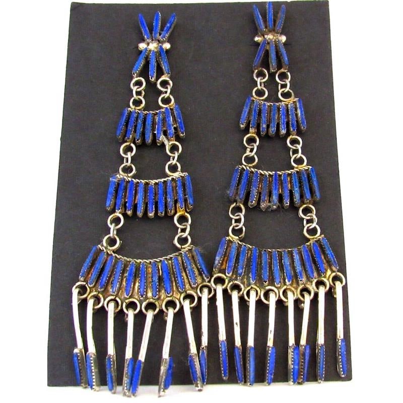 VTG Zuni Needlepoint Lapis Dangle Statement Earrings Sterling Silver 4" (1 of 3)