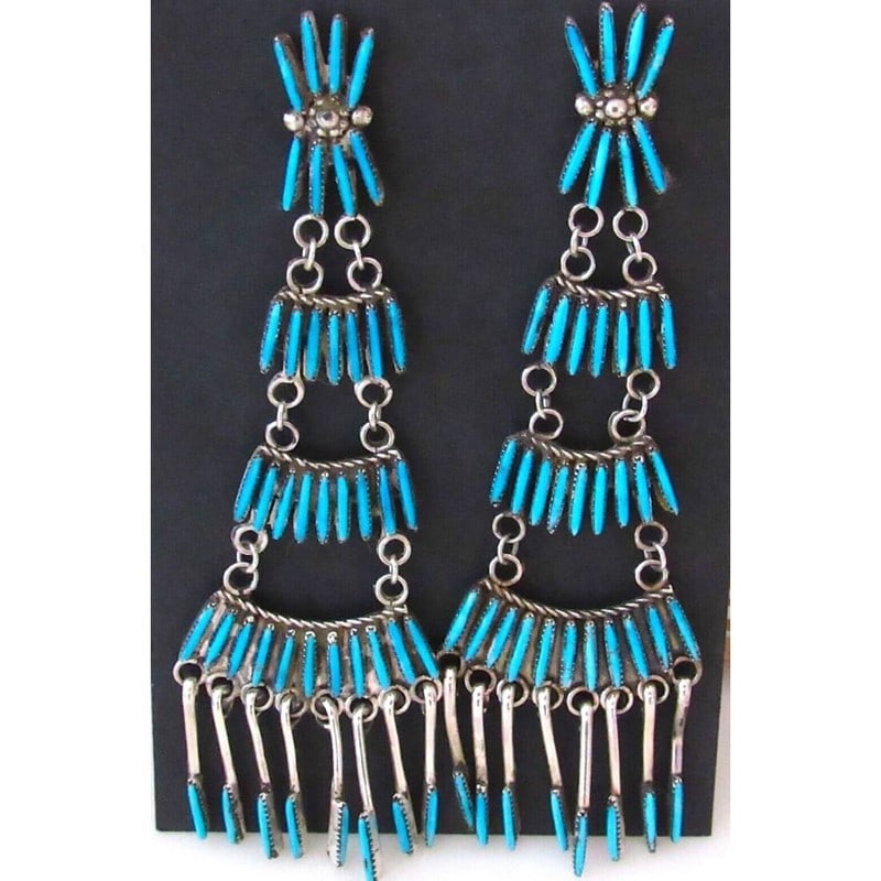 Zuni Needlepoint Turquoise Dangle Statement Earrings Sterling Silver 3" (1 of 5)