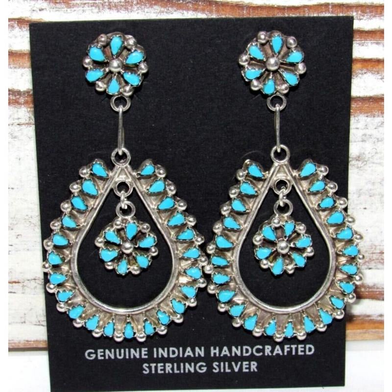 VTG Zuni Snake Eye Turquoise Dangle Earrings Sterling Silver Native American (1 of 4)