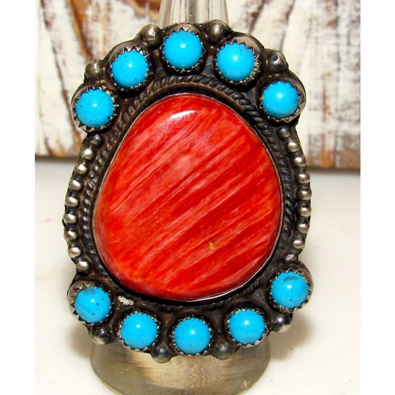 Navajo Red Spiny Turquoise Cluster Ring Sz 8 Sterling Silver Dean Brown (1 of 6)