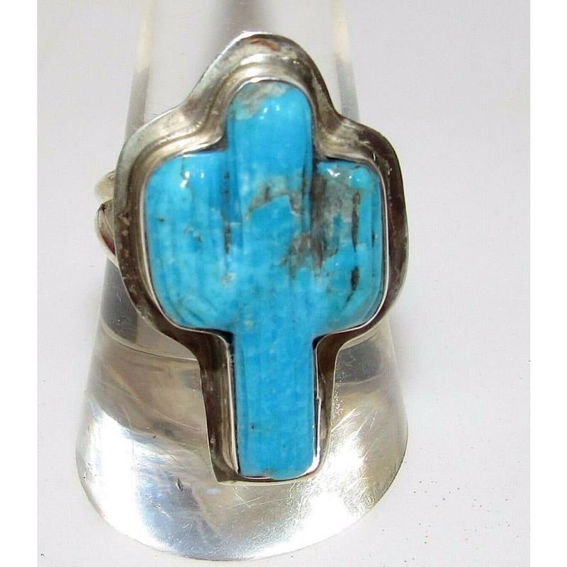 Navajo Turquoise Cactus Ring Size 7.5 Sterling Silver Native American Signed (1 of 5)