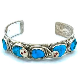 VTG Zuni Snake Bracelet Sleeping Beauty Turquoise Coral Sterling Silver