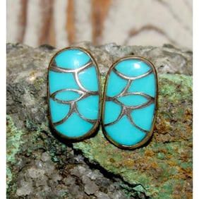 Zuni Turquoise Fish Scale Inlay Post Earrings Sterling K. Seoutewa