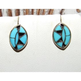 Zuni Turquoise Fish Scale Inlay Post Earrings Sterling K. Seoutewa