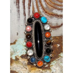 Navajo Onyx Cluster Ring Sz 8 Turquoise Lapis Coral Sterling Silver P. Yazzie