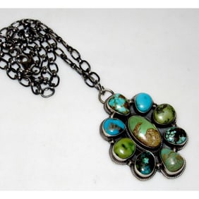 Navajo Sonoran Gold Turquoise Cluster Bar Necklace Sterling Silver B Lee (Copy)