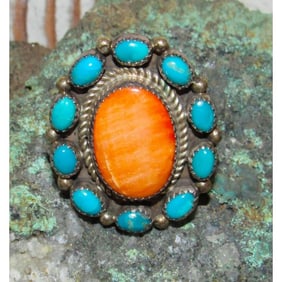 Navajo Cluster Ring Sz 7 Orange Spiny Oyster Turquoise Sterling Silver