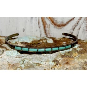 Old Pawn Zuni Turquoise Inlay Stacker Cuff Bracelet Sterling Silver