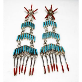 VTG Zuni Needlepoint Turquoise Coral Dangle Statement Earrings Sterling Silver 4"