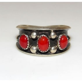 Navajo Coral Ring Size 9 Sterling Silver Signed Native American P. Largo