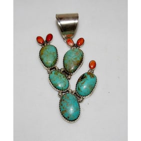 Navajo Prickly Pear Cactus Pendant Sterling Silver Turquoise Red Spiny Oyster